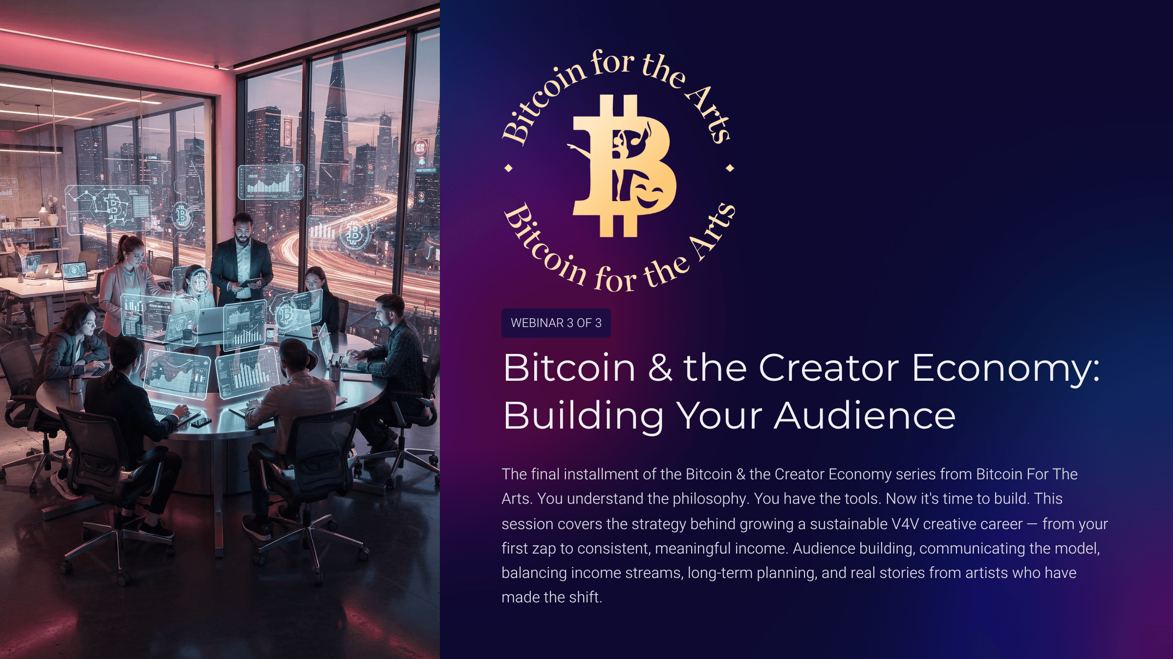 Bitcoin & the Creator Economy: Building Your Audience — webinar cover