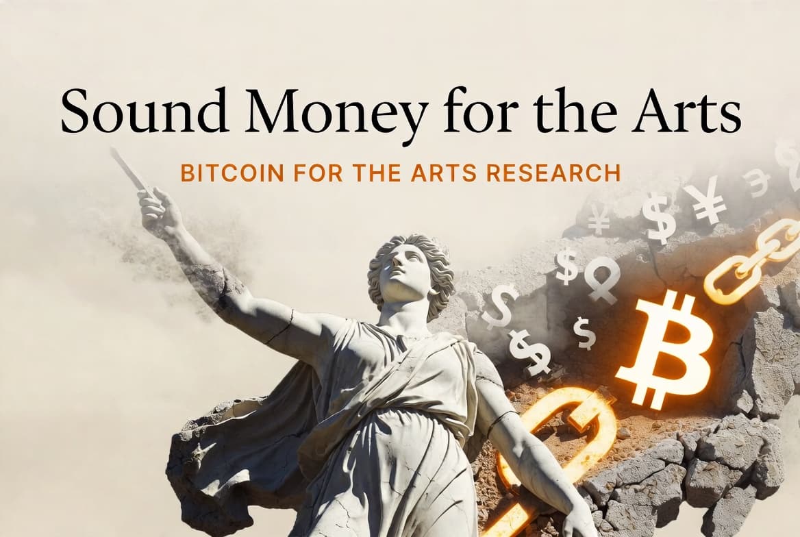 Classical sculpture and monetary imagery representing sound money for the arts.