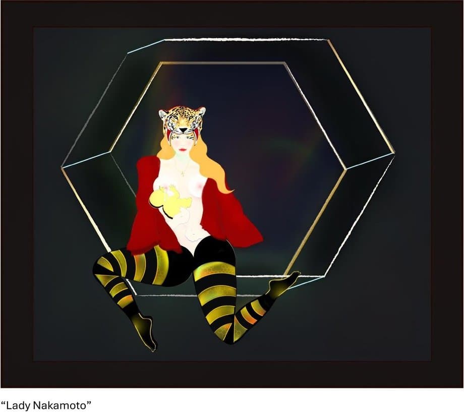 Lady Nakamoto by Beth Alta Fletcher — a striking figure in a hexagonal frame
