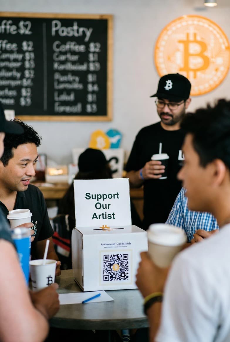 A small fundraiser table with a QR code to support an artist.