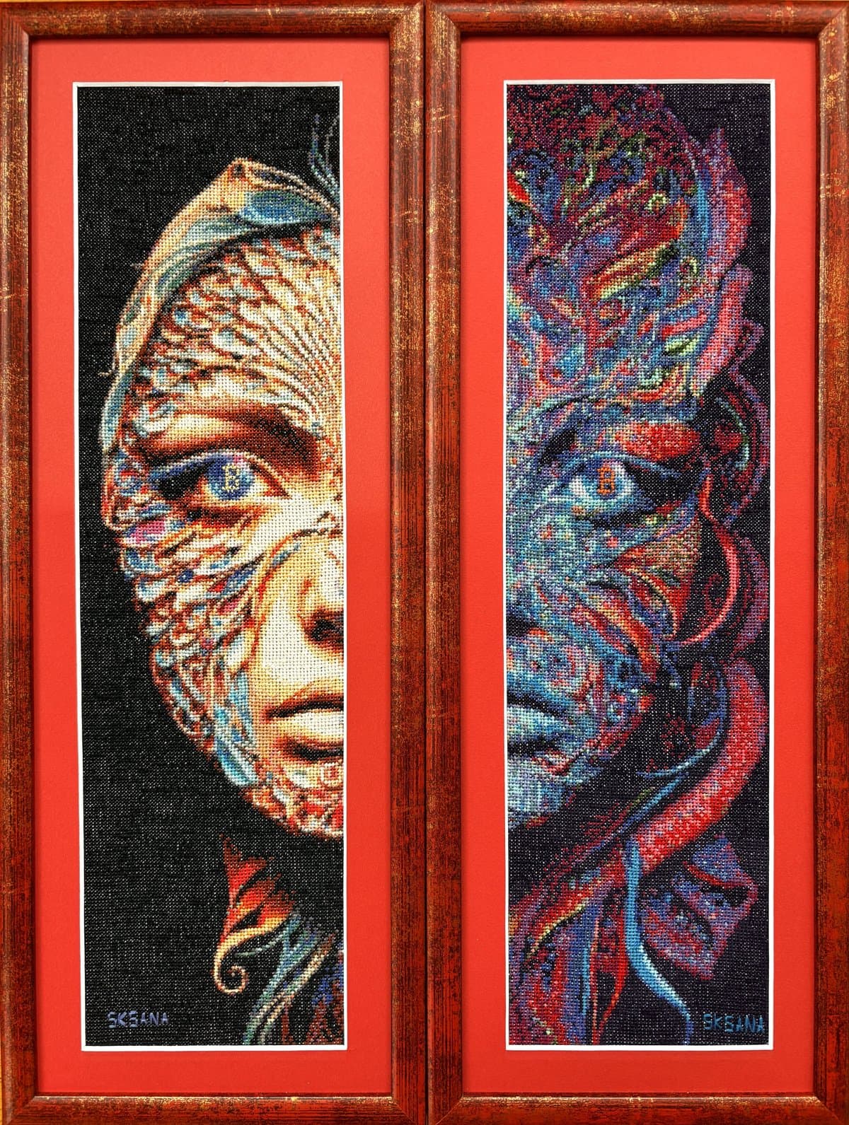 The Girl with the Bitcoin Eye by Aksana Zasinets — embroidered diptych portraits