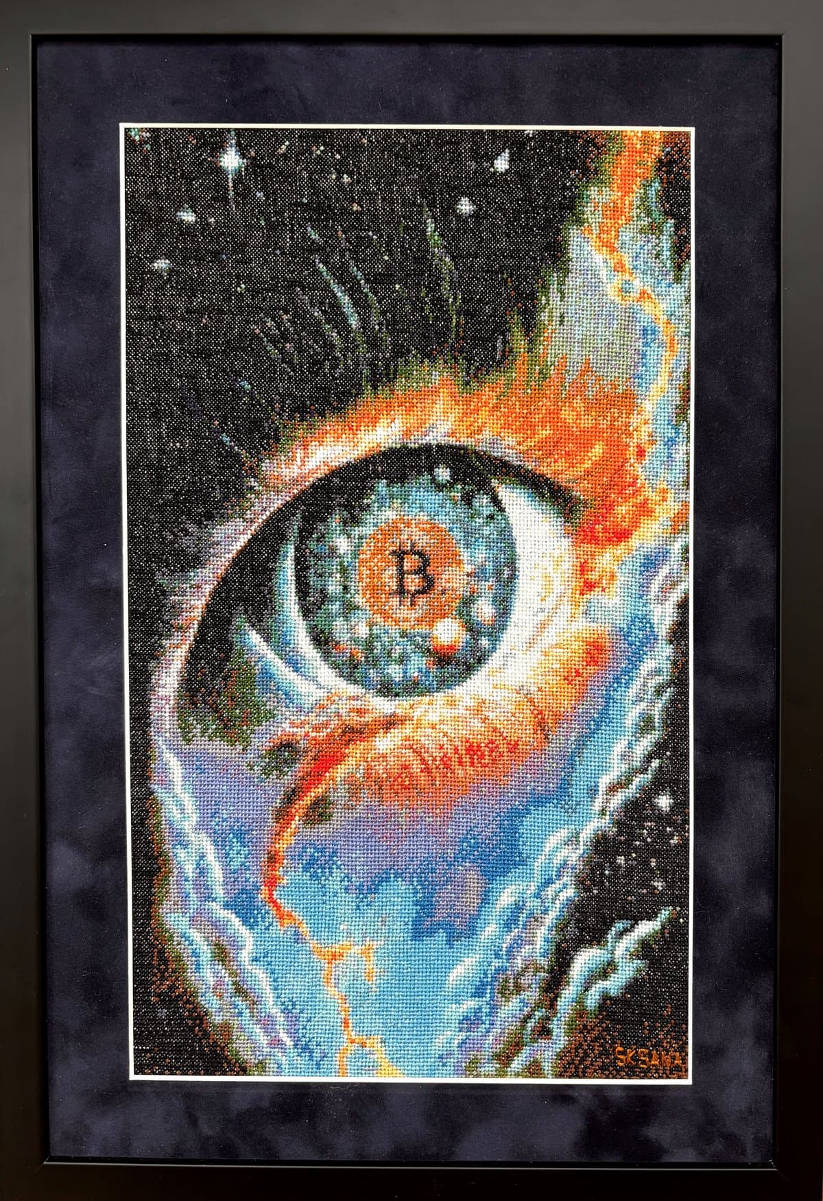 World of Bitcoin by Aksana Zasinets — embroidered cosmic eye with Bitcoin symbol