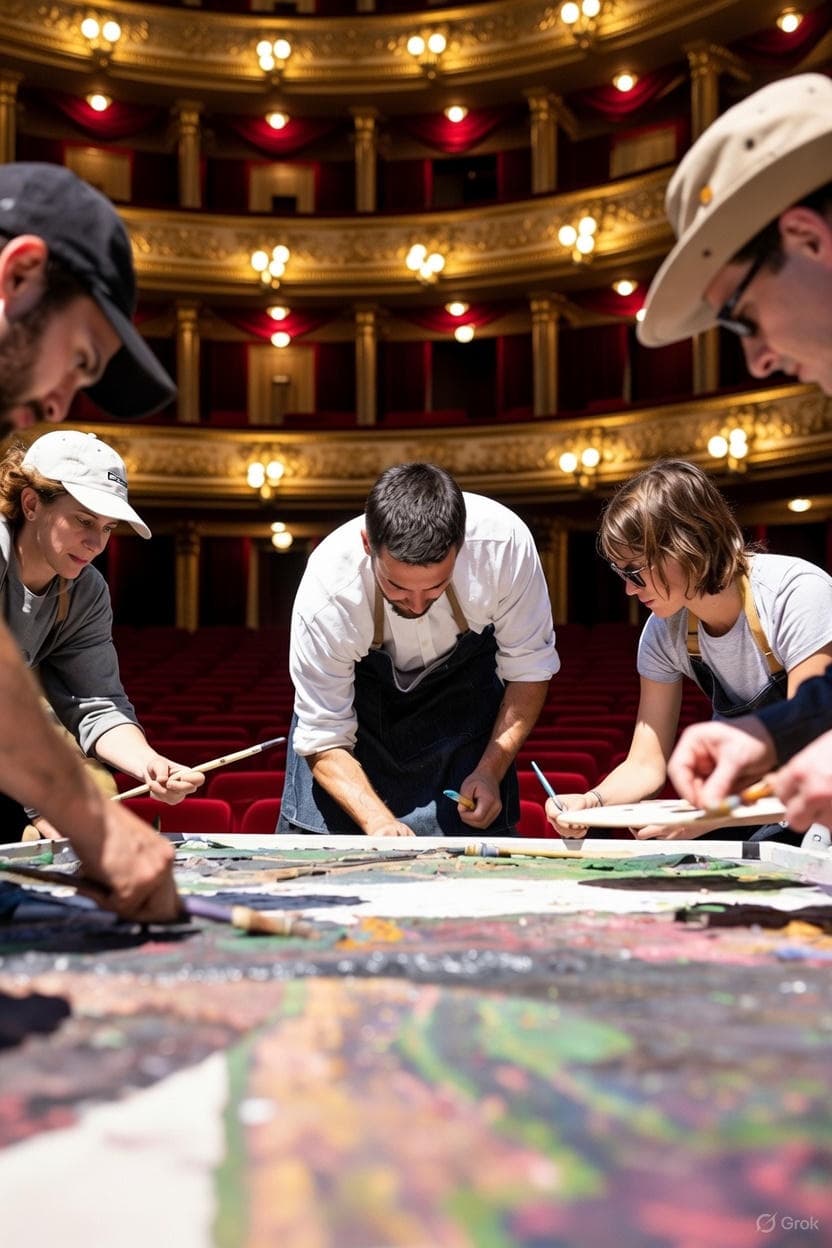 Artists collaborating on a stage design, representing co-productions and showcases.