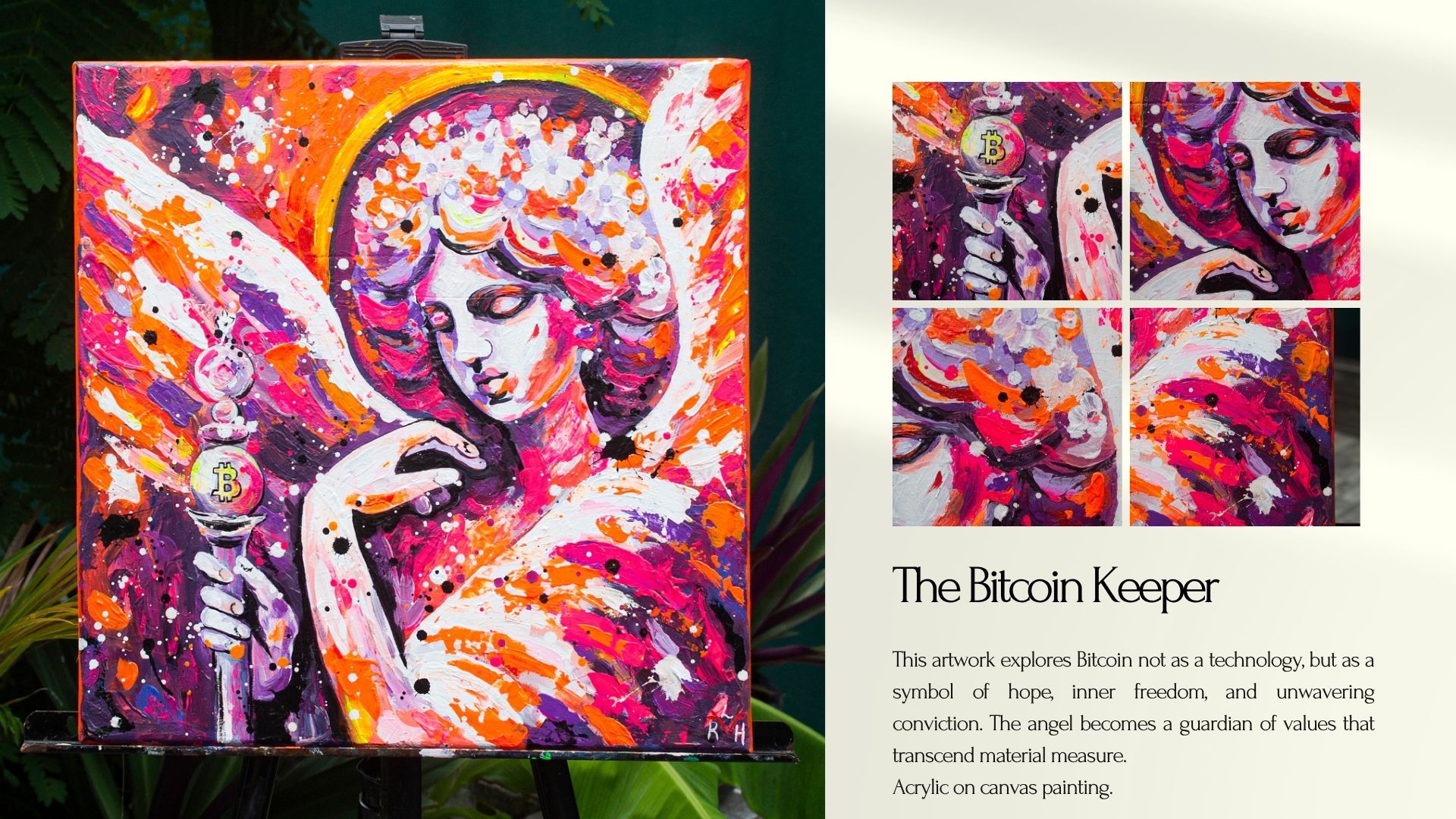 Lady RedHorns promo card for The Bitcoin Keeper with artist detail crops and statement