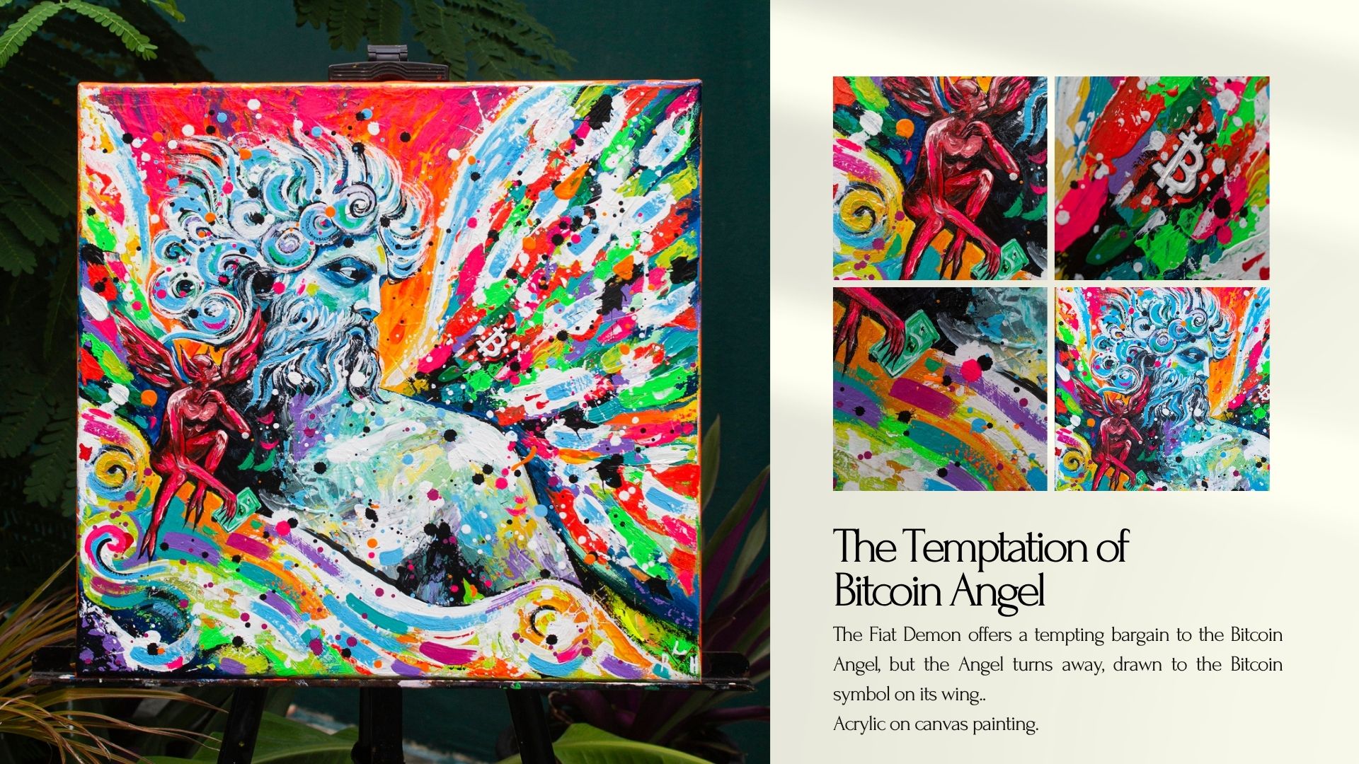 Lady RedHorns promo card for The Temptation of Bitcoin Angel with artist detail crops and statement